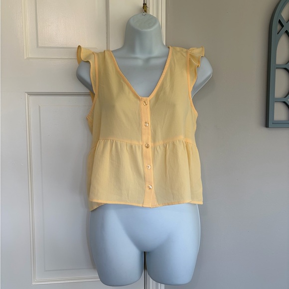 Pink Rose Tops - Pink Rose Pale Yellow Ruffle Sleeve Button-Down Top